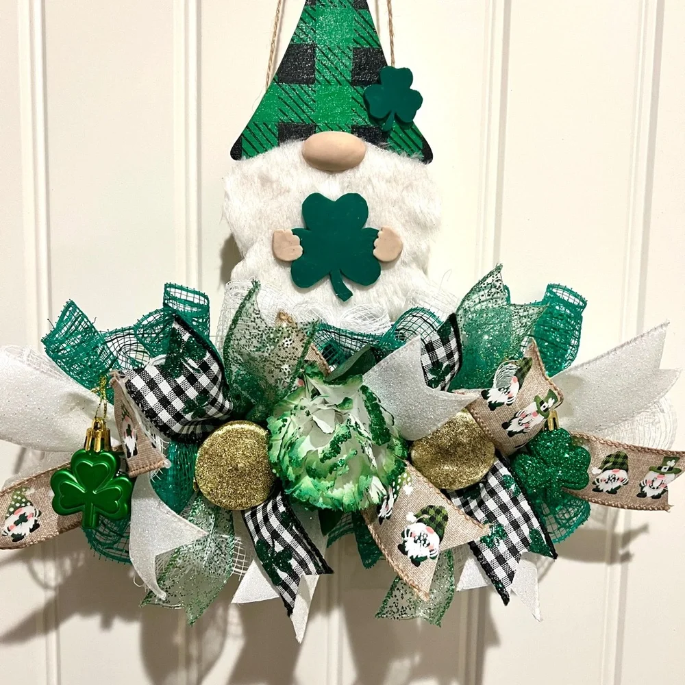 12 inch St. Pats Shamrock Gnome Ribbon, Clay Wreath Rail Handmade/ Painted SPGR1